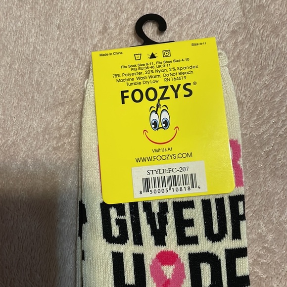 Foozy’s Female Collection.  Cream color Never Give Up (breast cancer) Crew socks - Picture 2 of 2